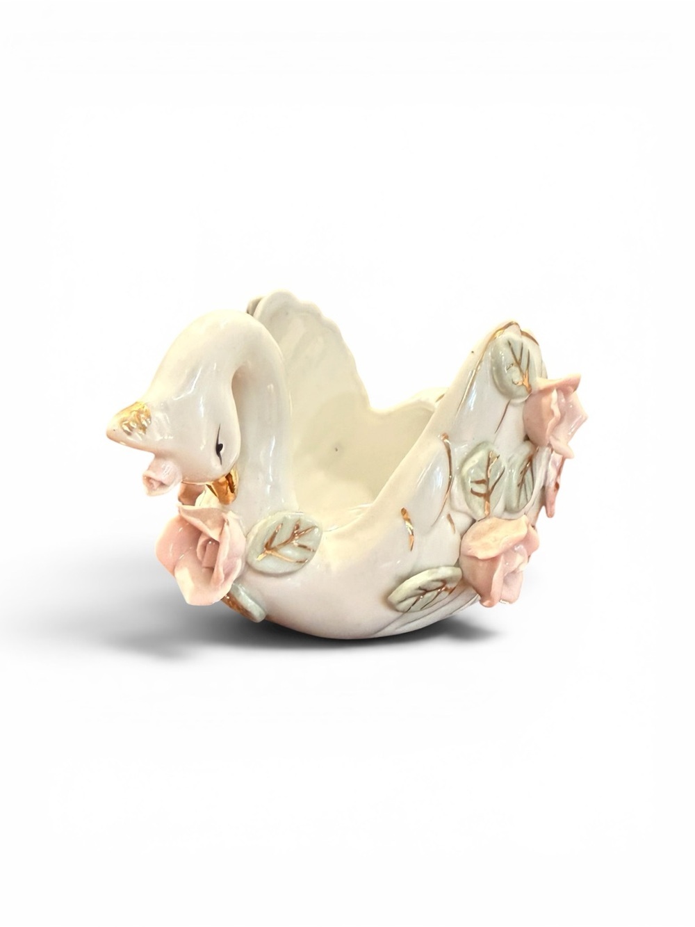 Vintage Porcelain Swan Planter Trinket Dish Pink Roses Gold Accent Cottagecore